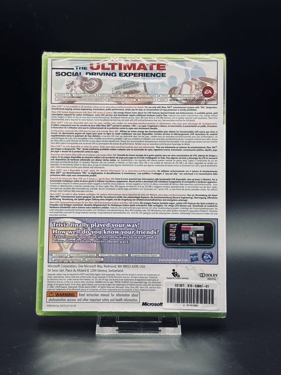 Back of the sealed Burnout Paradise Xbox 360 bundle showing the original factory foil and seal edges
