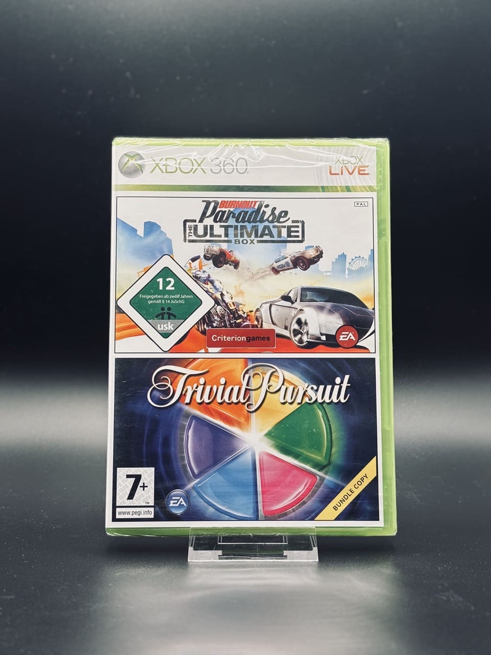 Front of sealed Burnout Paradise The Ultimate Box Xbox 360 bundle with Trivial Pursuit